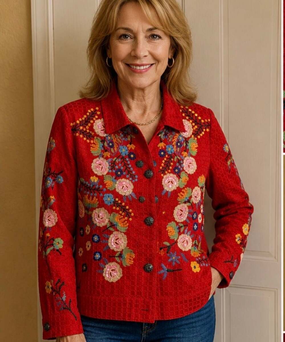 Alex Kim Women’s PM Red Embroidered Floral Sequin Jacket Blazer Artsy Boho